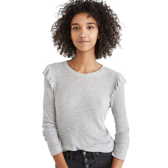 NWT Madewell Ruffle Shoulder Ribbed Pullover Sweater XXS Gray H3432 - Picture 1 of 9